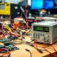 A technician precisely adjusting a bench power supply to power a delicate electronic circuit, ensuring stable voltage for testing.