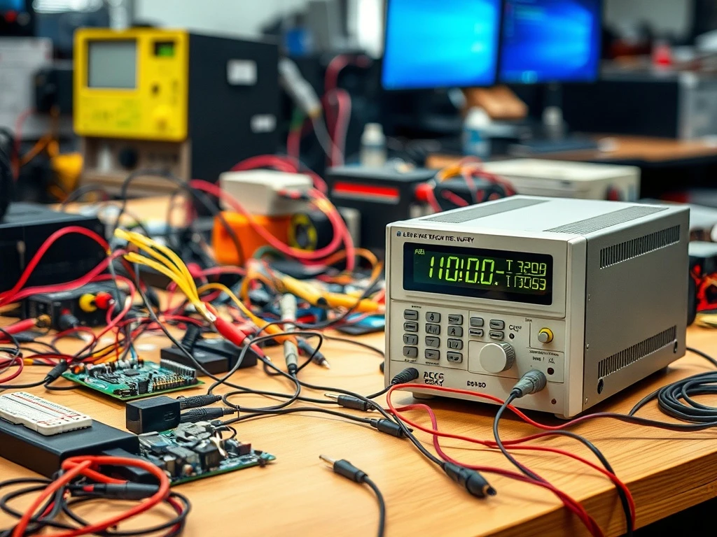 A technician precisely adjusting a bench power supply to power a delicate electronic circuit, ensuring stable voltage for testing.