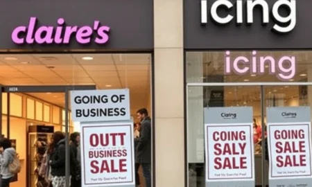 Signs announcing Claire's going-out-of-business sales, signaling the end of an era for the popular accessory retailer.
