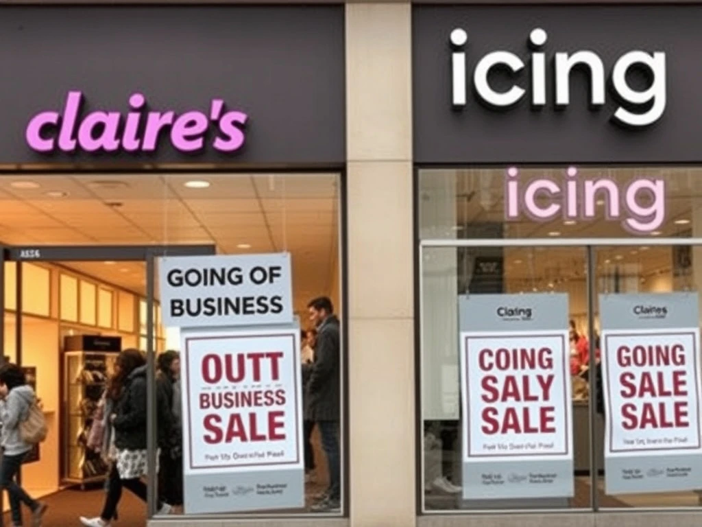 Signs announcing Claire's going-out-of-business sales, signaling the end of an era for the popular accessory retailer.