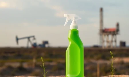 A bottle of CleanGo Innovations' eco-friendly cleaning product stands prominently, symbolizing the company's commitment to sustainable industrial cleaning.