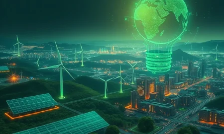 Illustrates the powerful impact of Climate Technology on ecological transition, showing AI, green energy, and global policy working in harmony.