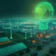 Illustrates the powerful impact of Climate Technology on ecological transition, showing AI, green energy, and global policy working in harmony.