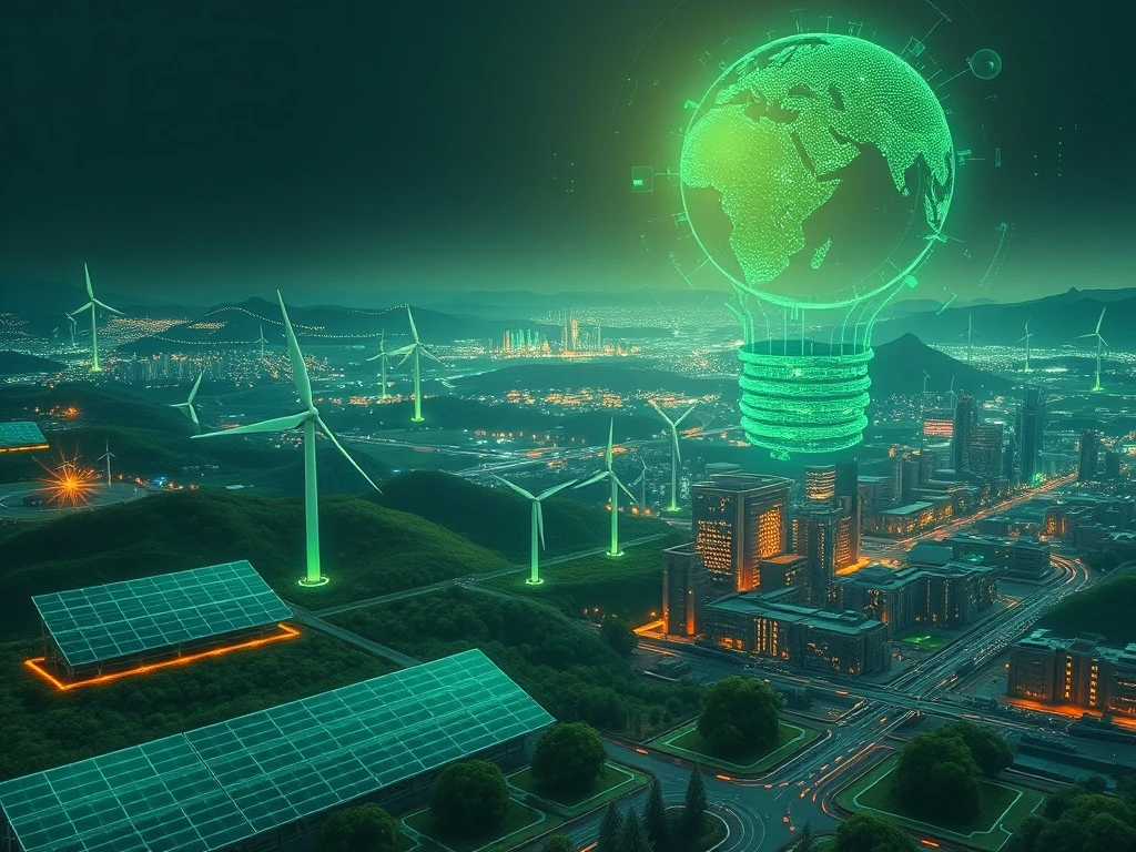 Illustrates the powerful impact of Climate Technology on ecological transition, showing AI, green energy, and global policy working in harmony.