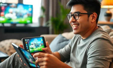 Hispanic gamer enjoying cloud gaming on multiple devices with seamless connectivity