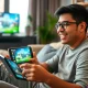 Hispanic gamer enjoying cloud gaming on multiple devices with seamless connectivity