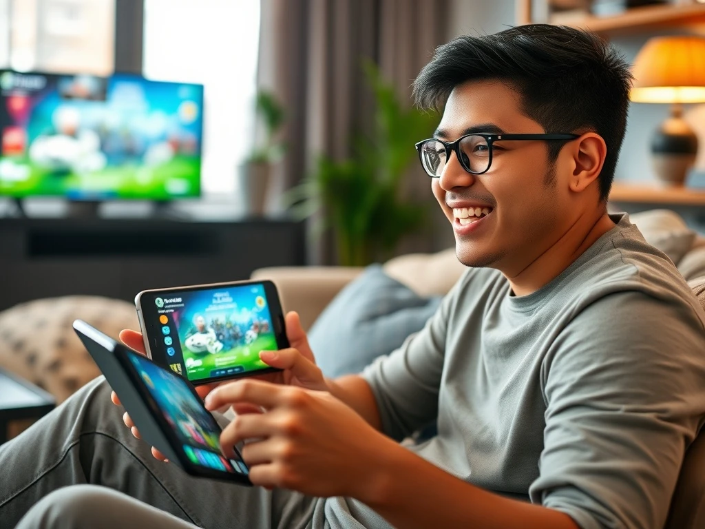 Hispanic gamer enjoying cloud gaming on multiple devices with seamless connectivity