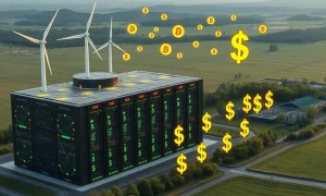 Visualizing secure **cloud mining** operations powered by renewable energy and AI, generating stable daily USD returns.