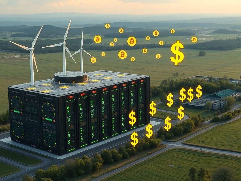 Visualizing secure **cloud mining** operations powered by renewable energy and AI, generating stable daily USD returns.