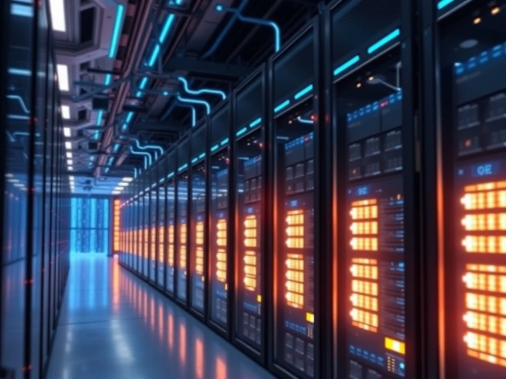 A futuristic data center representing AI-powered cloud mining operations, symbolizing efficient crypto earnings.