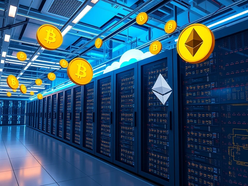 Illustrates secure Cloud Mining Platforms generating passive crypto profits, emphasizing efficiency and accessibility.