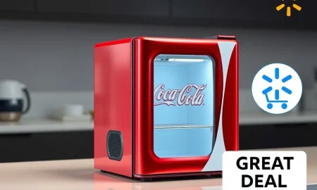 A red Coca-Cola mini fridge with Bluetooth speaker, highlighting the amazing Walmart deal.