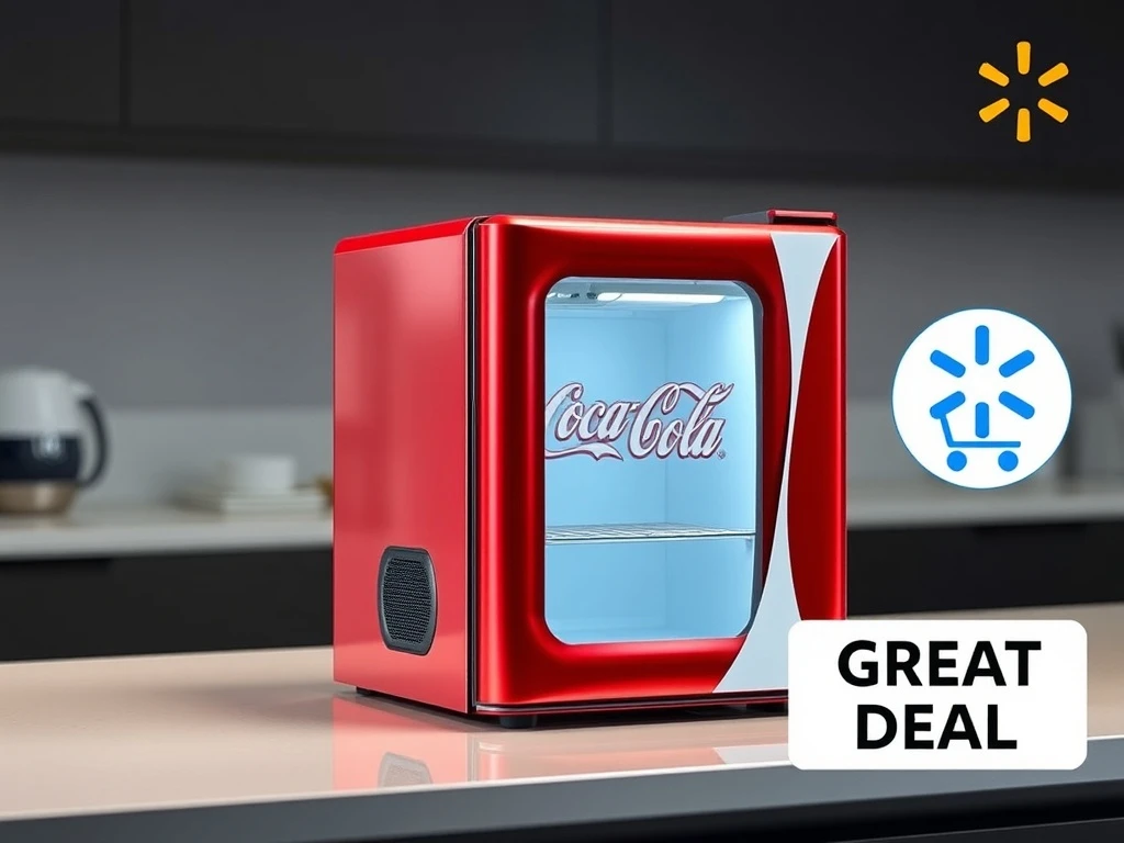 A red Coca-Cola mini fridge with Bluetooth speaker, highlighting the amazing Walmart deal.