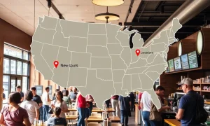 A dynamic graphic illustrating the rapid coffee chain expansion of a key Starbucks competitor across the United States.