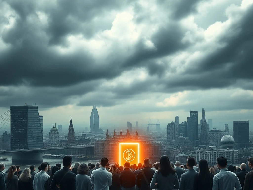 A group of people in a bleak, futuristic city gaze at a glowing crypto portal, illustrating the **Coinbase ad controversy** and its message of digital asset freedom.