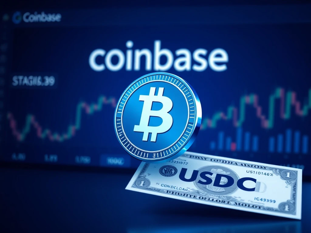 A digital exchange illustration showing Coinbase USDC fees being applied to large stablecoin conversions to US dollars, highlighting financial impact.