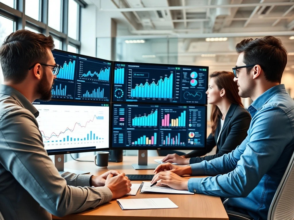 Business team implementing company growth strategies with data analytics and digital tools