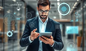 Business professional engaging in continuous learning with digital technology for organizational success