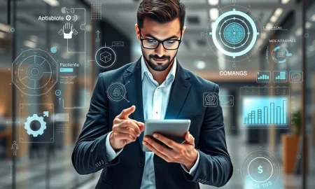 Business professional engaging in continuous learning with digital technology for organizational success