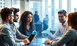 A professional interacts with a data dashboard using voice commands, demonstrating the intuitive nature of Conversational Analytics in Business Intelligence.