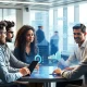 A professional interacts with a data dashboard using voice commands, demonstrating the intuitive nature of Conversational Analytics in Business Intelligence.