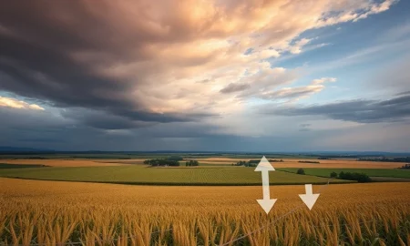 A wide shot of corn fields representing the agricultural market, highlighting the current trend of falling corn prices.