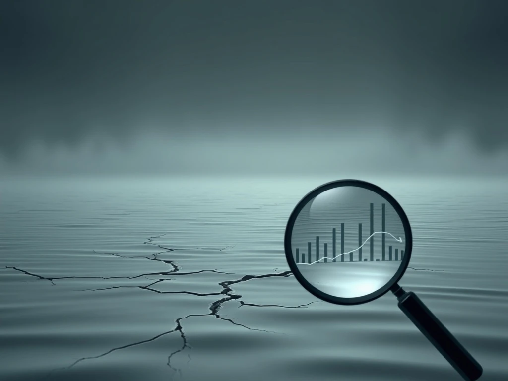 A tranquil surface hiding cracks, illustrating dangerous complacency in corporate credit markets as warned by UBS.