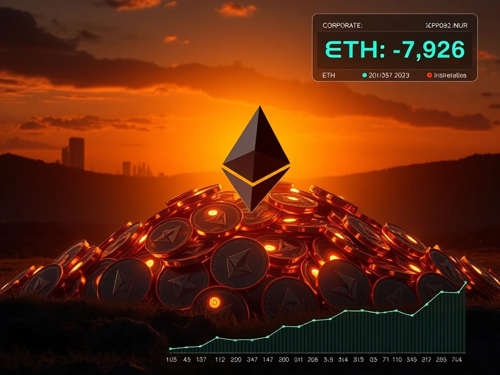 A visual representation of significant corporate Ether buying, with digital currency symbols and financial growth charts.