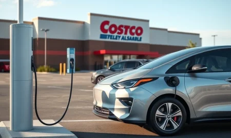An electric vehicle conveniently charging at a Costco EV charging station, highlighting the benefits for EV owners as tax credits decline.