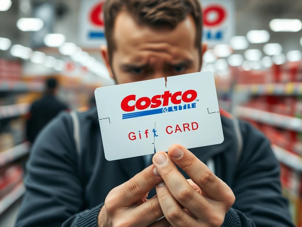 A frustrated Costco member examining a problematic Costco gift card, symbolizing widespread Costco gift card issues affecting shoppers.