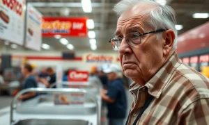 A visibly disappointed Costco member stands near an empty counter, signifying the unexpected discontinuation of the iconic Costco hot dog combo.