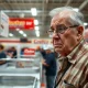 A visibly disappointed Costco member stands near an empty counter, signifying the unexpected discontinuation of the iconic Costco hot dog combo.