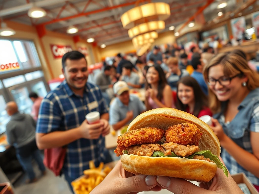 Costco members enthusiastically enjoying the popular new food item, a Spicy Chicken Sandwich, at a bustling food court, highlighting its successful introduction.