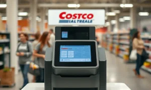 A streamlined Costco self-checkout station, representing the efficient solution to a common Costco member problem and improved shopping experience.