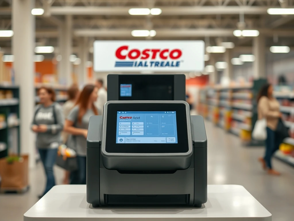 A streamlined Costco self-checkout station, representing the efficient solution to a common Costco member problem and improved shopping experience.