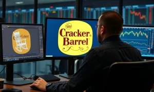 Professional trader analyzing Cracker Barrel logo with market charts showing brand impact