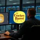 Professional trader analyzing Cracker Barrel logo with market charts showing brand impact