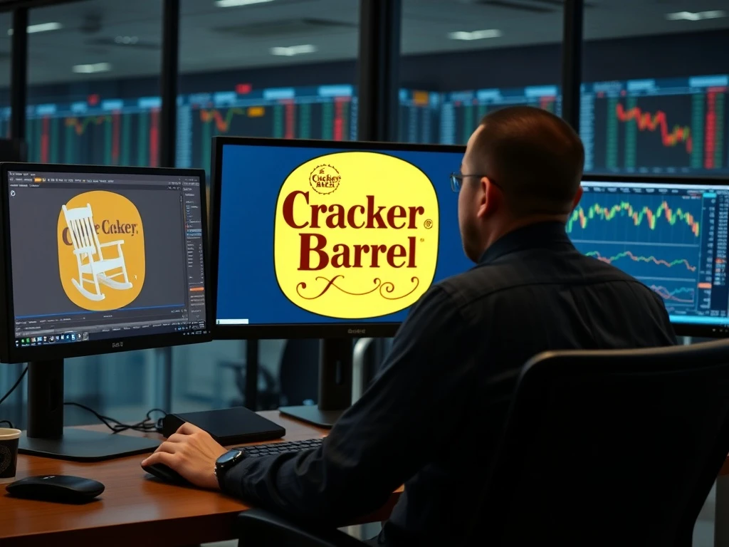 Professional trader analyzing Cracker Barrel logo with market charts showing brand impact