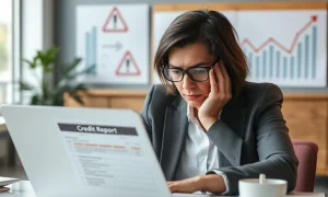 Credit score warning showing concerned consumer reviewing financial documents with downward trend indicators