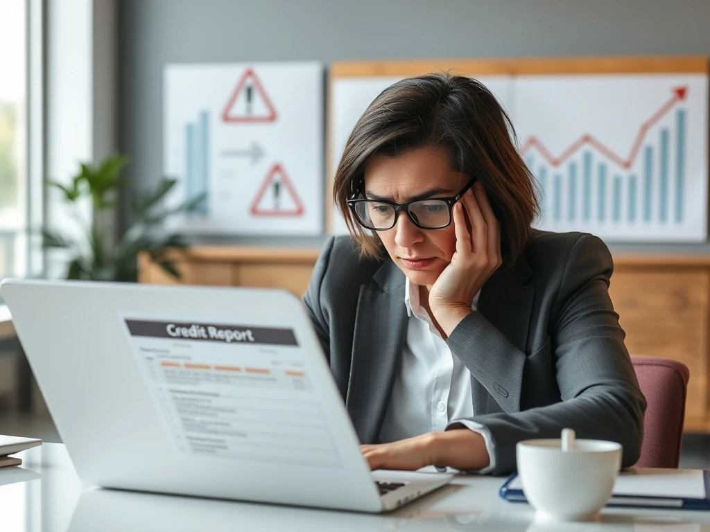 Credit score warning showing concerned consumer reviewing financial documents with downward trend indicators