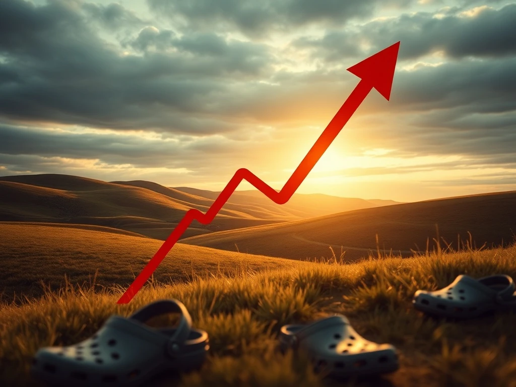 A red downward arrow piercing a Crocs shoe, illustrating the sharp decline in Crocs stock value due to changing consumer purchasing habits.