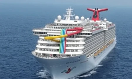 A Royal Caribbean cruise ship features a prominent water slide, highlighting the recent focus on **cruise ship safety** protocols after a recent incident.