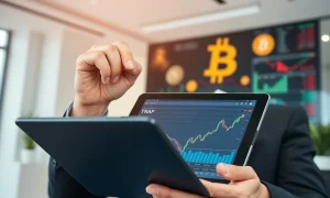 Business executive analyzing crypto ETF market data with concerned expression