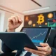 Business executive analyzing crypto ETF market data with concerned expression