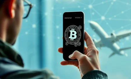 Traveler making crypto flight payments on a smartphone before boarding an international flight, symbolizing modern digital payment solutions.