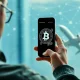 Traveler making crypto flight payments on a smartphone before boarding an international flight, symbolizing modern digital payment solutions.