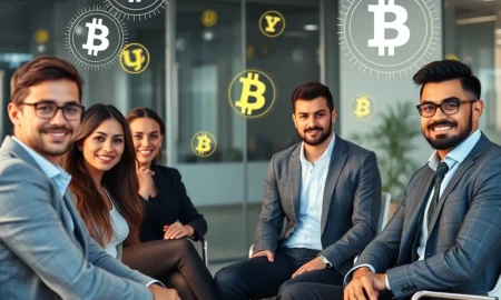 Professional preparing for crypto job interview with blockchain technology background