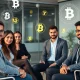 Professional preparing for crypto job interview with blockchain technology background