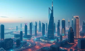Dubai's financial district skyline representing the new regulated OTC desk for Crypto Options Dubai by Laser Digital.