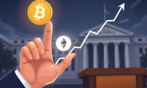 A visual representation of crypto sentiment shifting to greed, with Bitcoin and Ether price charts rising after a Fed announcement.